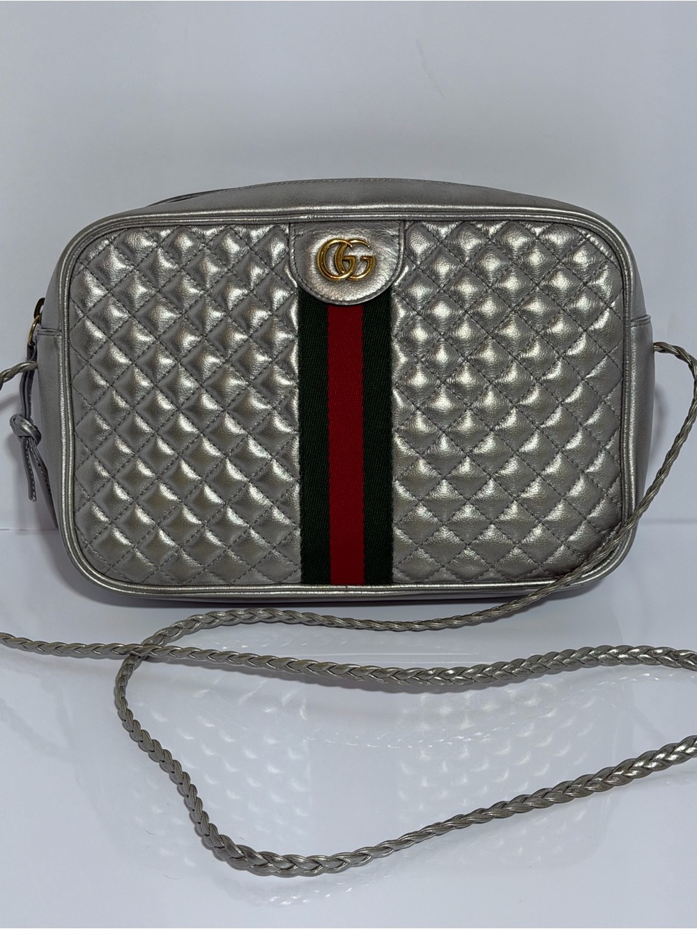 Gucci Metallic Silver Quilted Crossbody with Signature Web